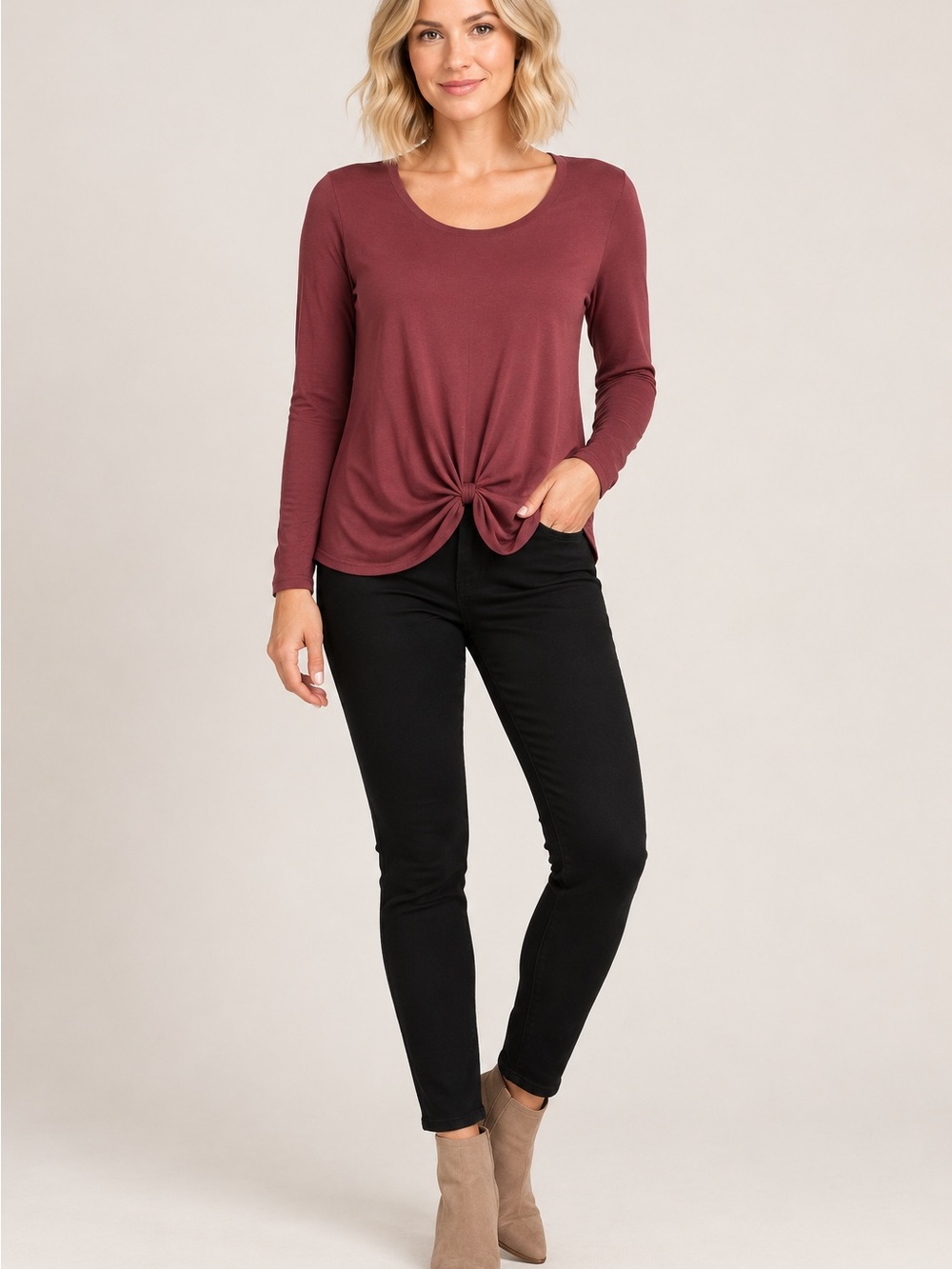 Green Envelope Twist-Knot Long Sleeve Top in Wine